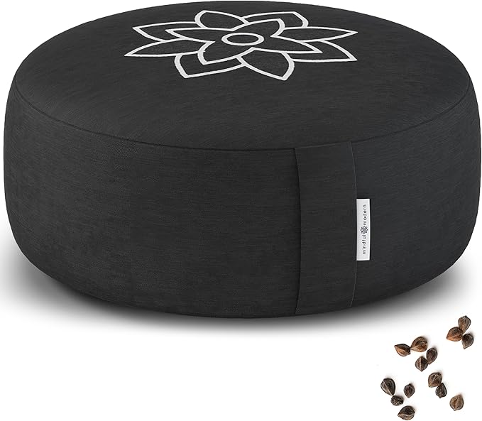 Mindful Modern Large Meditation Cushion for Zafu Yoga - Meditation Pillow for Sitting on The Floor - Buckwheat Hull Filled Yoga Cushion with Removable, Washable 100% Cotton Cover and Carry Handle
