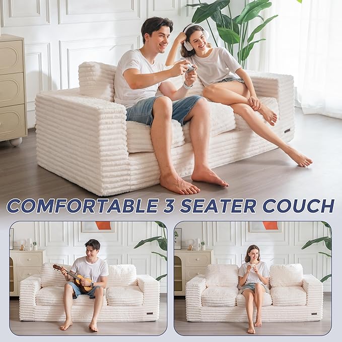 MAXYOYO 3-Seater Boneless Sofa Couch, Modern Faux Fur Sofa for Living Room, Soft Bean Bag Chair High-Density Foam Couch with Pillows, No Assembly Required