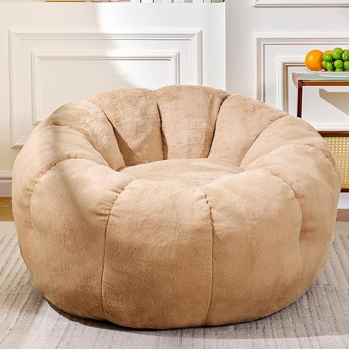 Bean Bag Chairs for Adults, Teens Beanbag Reading Chair with Petal Arm Rest, Comfy Faux Fur Fluffy Bean Bag for Youth Living Room, Bedroom, Dorm, Game - Taupe, Large, Low Support