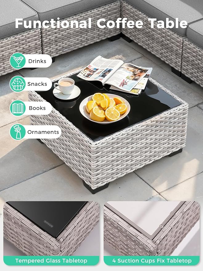 7 Piece Outdoor Wicker Rattan Sectional Sofa Set with Fire Pit Table, 5-Seats Conversation Set with 4" Thickened Cushions & Coffee Table, All-Weather PE Rattan for Garden, Backyard, Porch, Grey
