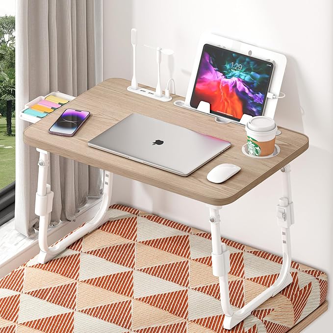 DECOSIS Laptop Desk for Bed Height Adjustable, Lap Bed Table with USB/Storage Drawer/Cup Holder/Tablet Stand/Book Shelf, Foldable Breakfast Tray Portable for Reading Writing, Sofa & Floor, Glacier