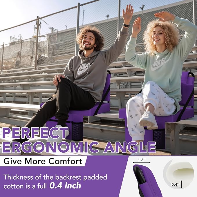 Stadium Seat 2 Pack for Bleachers with Back Support,Portable Bleacher Chairs with Back and Cushion，Purple