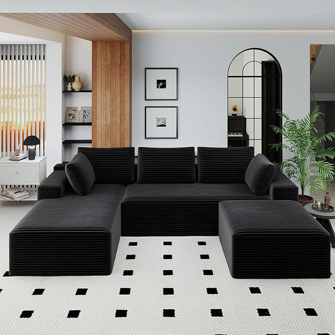 KAPEETOO U Shaped Modular Sectional Sofa with Left Chaise Ottoman, Boneless Couch with Deep Seat, Oversize 3-Seater Sofa U Shaped Set for Living Room Bedroom (Black)