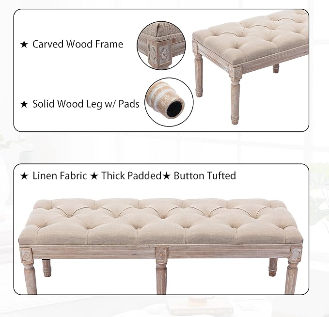 DM Furniture Tufted Dining Bench French Vintage Fabric Upholstered Wood Dining Room Bench Rustic Entryway Bench Bedroom End Bed Bench, Beige 48" Long