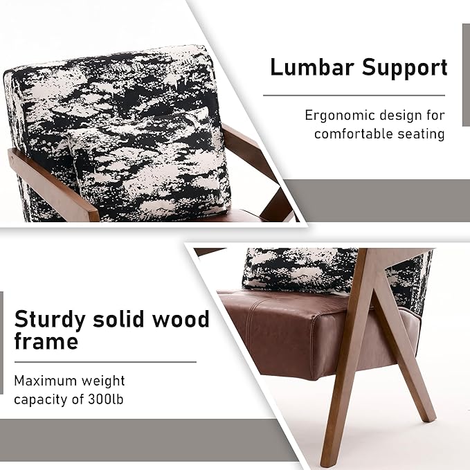 Mid-Century Modern Accent Chair Set of 2 with Solid Wood Frame，Upholstered Leather Living Room Arm Chairs with Pillow for Bedroom, Living Room, Balcony, Reading Room, Brown