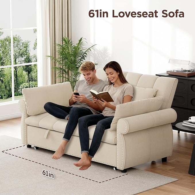3 in 1 Sofa Bed, 61 Inch Convertible Pull out Couch with Four Pillows, Loveseat Sleeper Sofa with Adjustable Backrest, Sofa Couches for Living Room, Bedroom, Apartment, Chenille Fabric, Beige