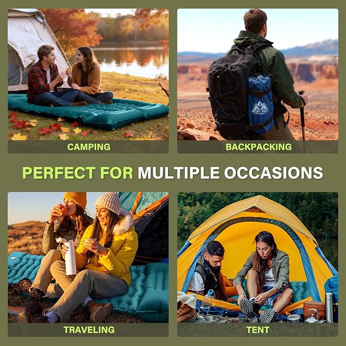 FUN PAC Camping Sleeping Pad, Ultralight Camping Pad with Pillow Built-in Foot Pump Inflatable Sleeping Mat Compact for Camping Backpacking Hiking Traveling-Green