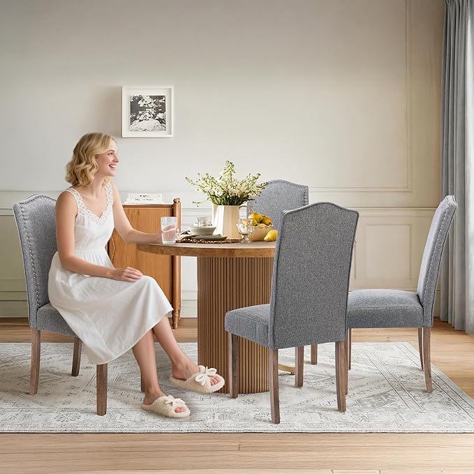 Snugway Upholstered Dining Chair Stylish Parsons Kitchen High Back with Silver Nailhead Trim & Wood Legs, 4-Pack, Fabric Classic Grey