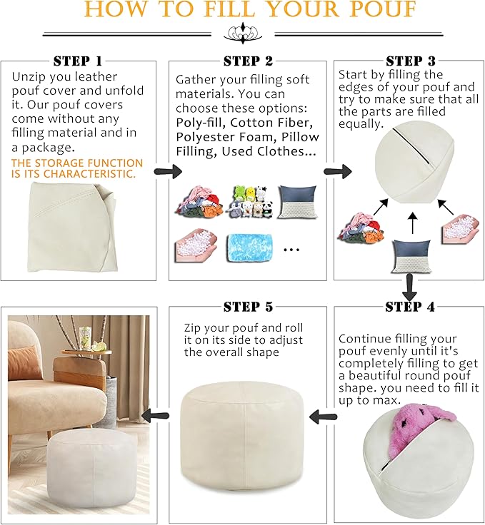 Thgonwid Unstuffed Faux Leather Pouf Cover, Handmade Footstool Ottoman Storage Solution, Floor Footrest Cushion - 16.5”Dx12”H, Ivory White