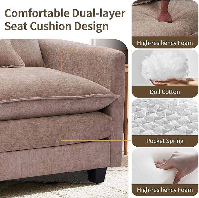 SweetGO corporation 40" Chenille Lounge Chair for Reading, Modern Couch Cozy Sofa Bed, Upholstered Living Room Single Sofa Accent Chair with Ottoman, Coffee
