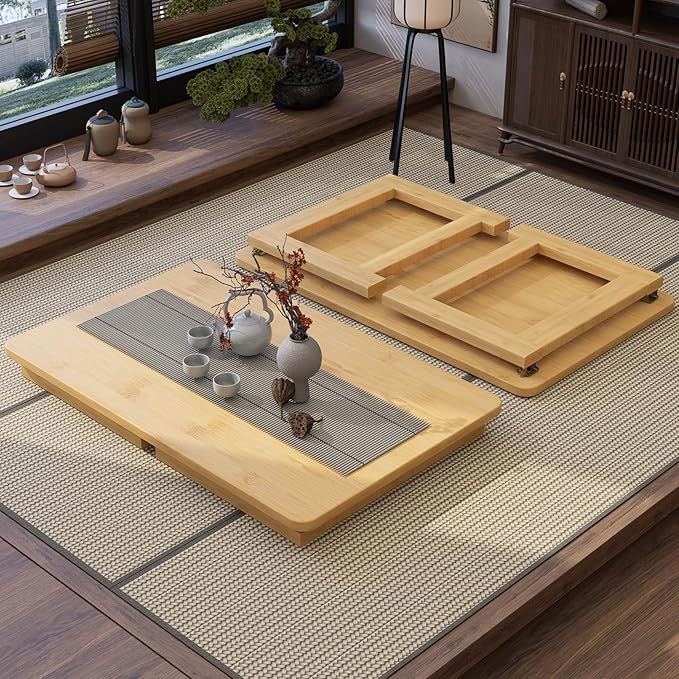 OETPJM Japanese Floor Table, Bamboo Folding Coffee Table, Portable Solid Wood Japanese Tatami Tea Table Table, No Assembly Japanese Dining Table for Sitting on The Floor, Easy Storage (Natural)