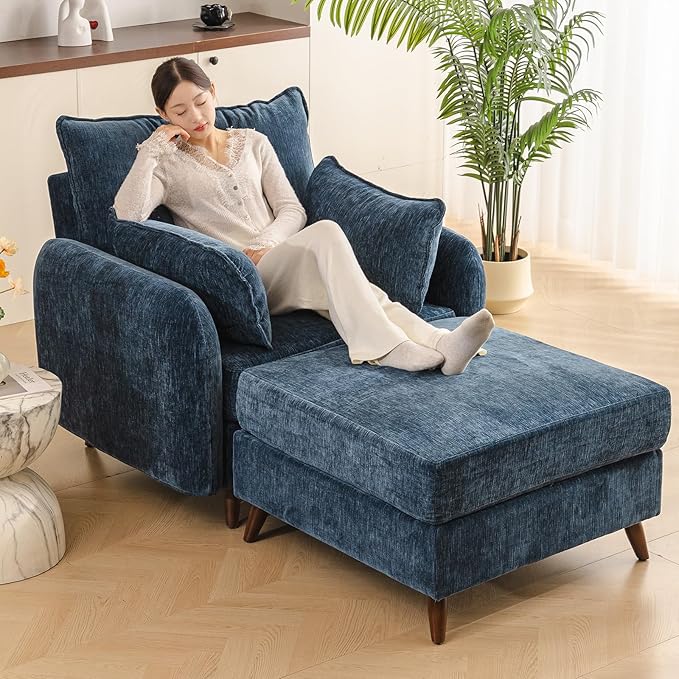 Oversized Accent Chair with Ottoman,All Seats Storage,Comfy Big Armchair,24.5'' Deep Seat,Upholstered Living Room Chairs,Reading Chair,Lounge Chair for Bedroom,Office,Chenille,Blue