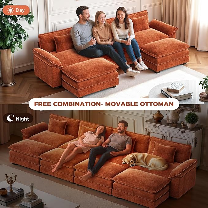 CDCASA 154" Oversized Modular Sectional Sofa Bed, Comfy Cloud Couch w/ 4 Movable Ottomans, 8-Seater Chenille Deep Seat Sofa Bed Modern Sofa Couch for Living Room, DIY Combination, Terracotta Orange