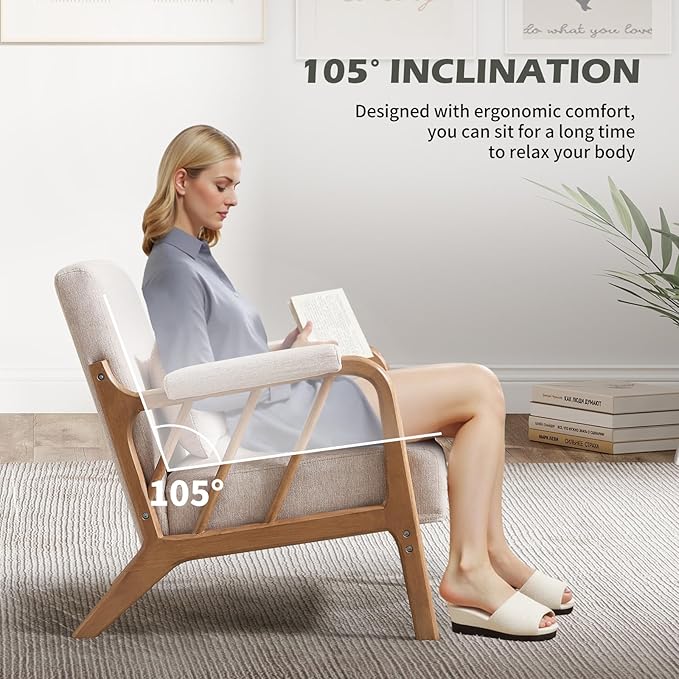 INZOY Mid Century Modern Accent Chair with Wood Frame, Upholstered Reading Armchair with Soft Linen Fabric, Accent Chair for Living Room Bedroom Apartment, Easy Assembly, Beige