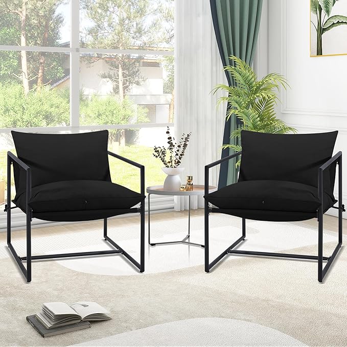 Kromax Sling Accent Chair, Set of 2, Cozy Living Room Chairs, Square Metal Frame, Upholstered Soft Cushion, Sponge, 28" x28“x32, Easy Assembly, Black
