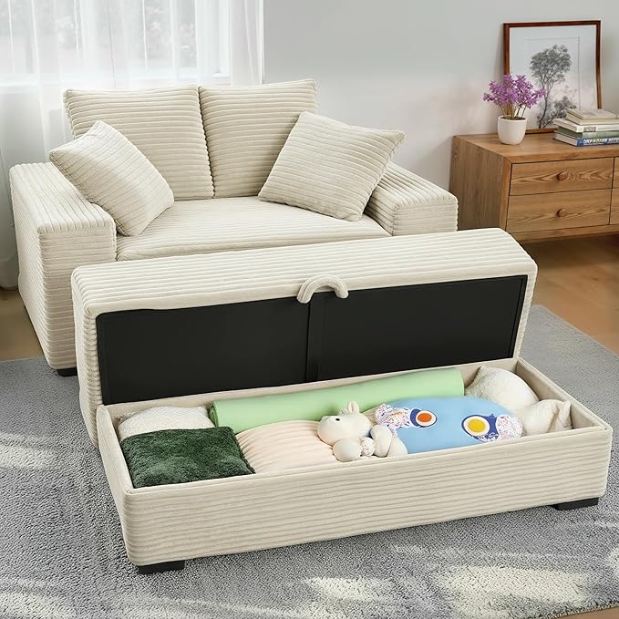 Indoor Chaise Lounge Chair With Storage Ottoman, Modern 60-Inch Lounge Sofa Chair With Wide Armrests & 4 Pillows, Oversized Comfy Reading Lounger For Living Room, Bedroom（Wide-Rib Corduroy Beige)