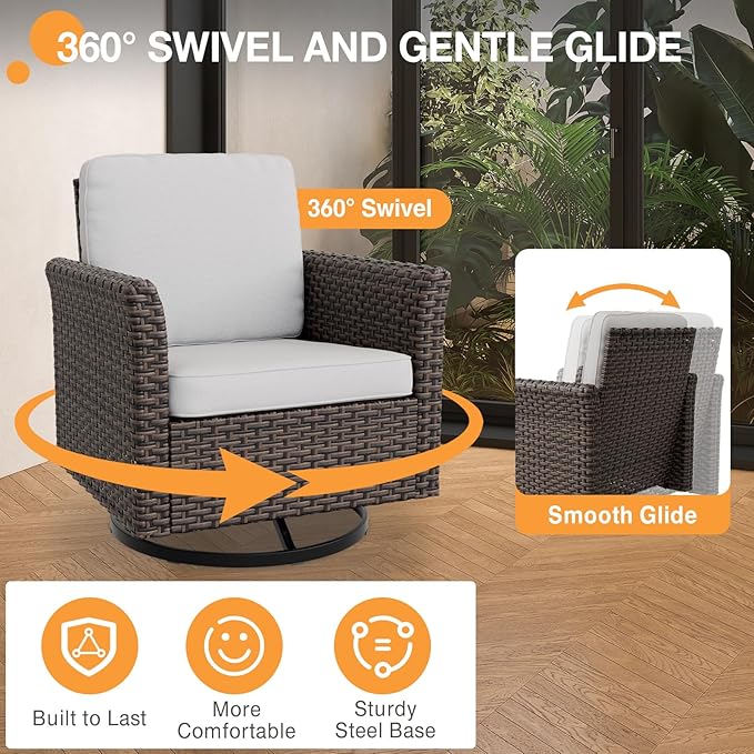 COOS BAY Harbor Retreat 4 Piece Outdoor Furniture Set, Patio Conversation Set with Swivel Rocking Chairs and Ottomans, Wicker Furniture, Brown/Beige