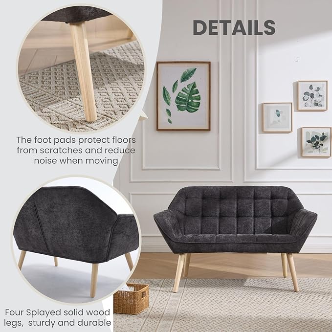 48" Small Couches for Living Room, Mid Century Modern Loveseat with Wood Legs 2-Seat Chenille Upholstered Sofa Tufted Couches for Small Space, Apartment, Dorm, Dark Gray