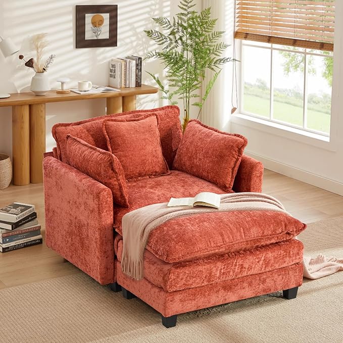 SoarFlash Chenille Sectional Sofa, Comfy Modular Single Sofa with Ottoman, Modern Recliner Deep Seat Sofa Set for Living Room,Orange