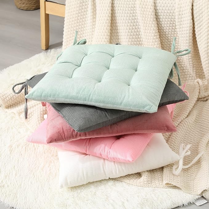 HLOVME Corduroy Chair Cushion with Ties Ultra Soft Warm Floor Cushion for Kids Reading Nook Comfortable Square Seat Cushion for Adult 15.7”x15.7” Set of 2, Green