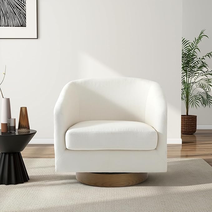 Swivel Barrel Chair, Modern Round PU Leather Accent Armchair for Living Room, Bedroom, Oversized Comfy Club Reading Chairs for Adults (Fabric Beige, Set of 1)