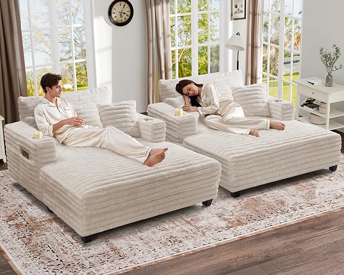 HUSFU Chaise Lounge Chair Indoor, 60'' Oversized Sleeper Sofa, Chaise Lounge Reading Chairs for w/Cup Holder and USB&Type C Port, Fluffy Plush Faux Fur Cloud Sofas Couches for Living Room, Beige, 2PCS