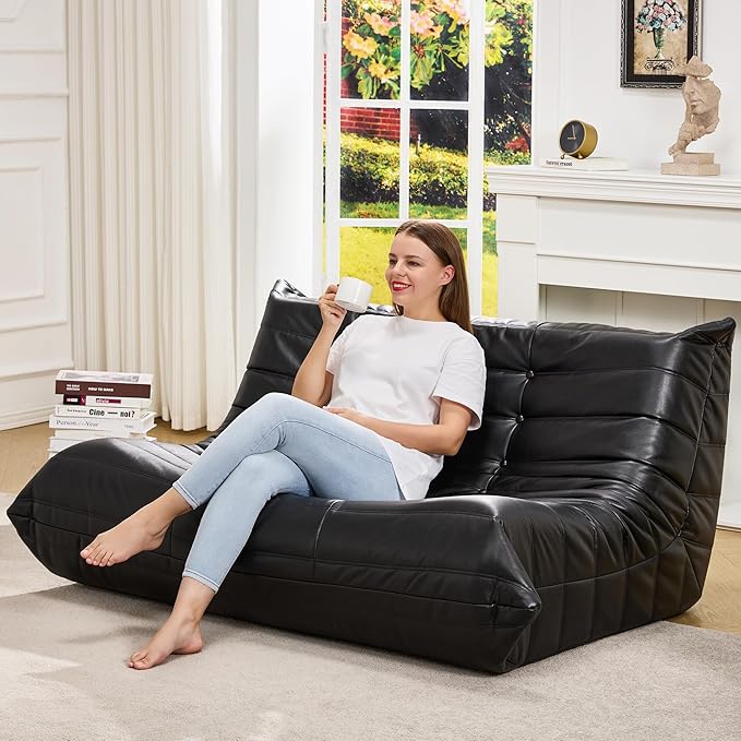 Hobestluk Bean Bag Chair Giant Bean Bag Sofa 2 Seater Bean Bag Chairs for Adults, Loveseat Floor Chair, Leather Bean Bag Chairs for Living Room Bedroom Dorm (Black, Loveseat)