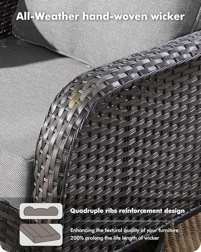 8-Piece Wicker Patio Furniture Set, All-Weather Rattan Conversation Bistro Loveseat Chair and Patio Rockers Set for Backyard, Balcony and Deck with Soft Cushions and Metal Table(Dark Gray)