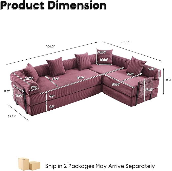 L Shape Convertible Sofa Bed with Cylindrical Pillow and Storage Pocket, Convertible Sofa Couch Bed with Support Frame for Living Room Bedroom Children Room-Red