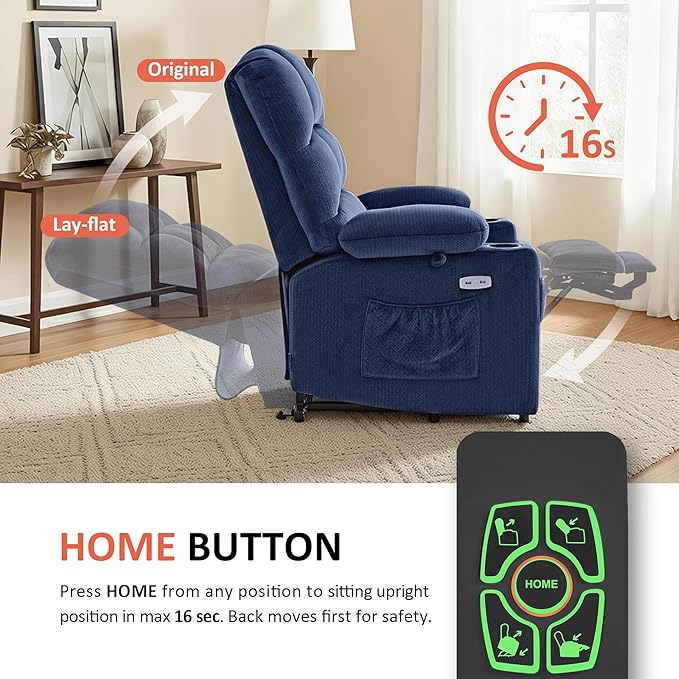 MCombo Large Dual Motor Power Lift Recliner Chair for Elderly, Massage and Heat, Lay Flat, Zero Gravity, Home Button, USB Port, Fabric 7680 (Large, Navy Blue)