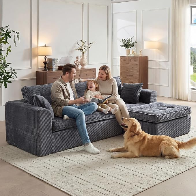 Modular Sectional Sofa, Modern Boneless Couch with L-Shape Chaise, Home Sectional Comfy Sofa Set for Living Room Bedroom and Floor, Plush Corduroy, No Assembly Required (Gray)