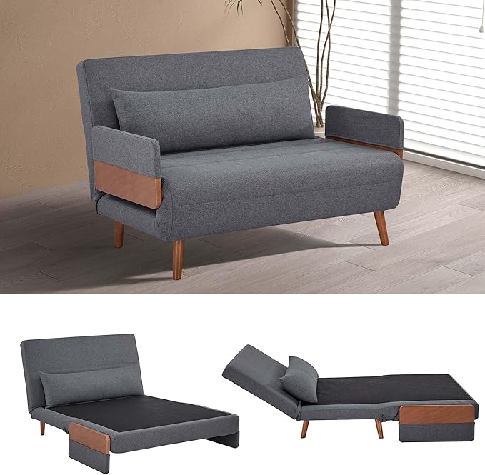 CITTANEO 45" Convertible Sleeper Chair, 3-in-1 Chair Bed Sleeper for Adults with 3-Position Adjustable Backrest, Pillow & Wooden Arms, Loveseat Sofa Bed for Small Space, Living Room, Gray