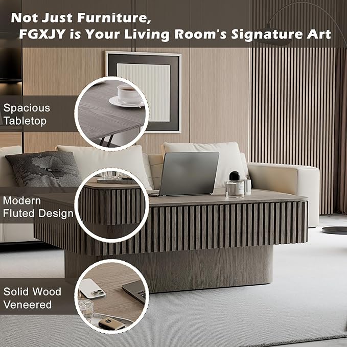 FGXJY Lift Coffee Table with Storage & Adjustable Height, Rectangle Solid Wood Coffee Table Fluted Center Table Accent Tea Table or Living Room, Apartment, Office (38.6" Grey)