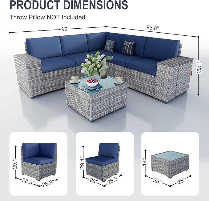 PCSXDSW 6 Pieces Patio Conversation Set, Rattan Furniture Set with Wide Armrests and Coffee Table, Outdoor Modular Sectional Couch Wicker Sofa for Garden Backyard Balcony Porch Deck (Blue Cushions)