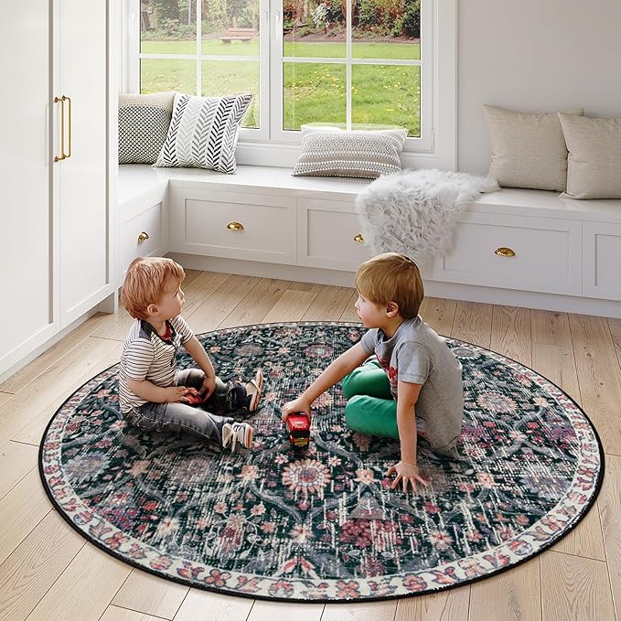 Lahome Moroccan Trellis Round Area Rugs, Washable Small Round Rug 3ft Non-Slip, Soft Vintage Ultra-Thin Circle Carpet for Bedroom Entryway Kitchen Laundry Bathroom, Black/Multi