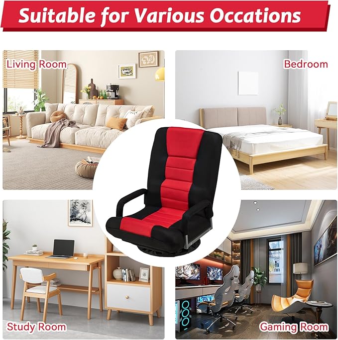 360° Swivel Chair 6 Adjustable Positions Backrest with Armrest Foldable Floor Chairs Suitable for Reading, Relaxing, Mediation,Red
