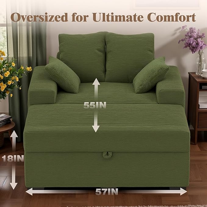 Indoor Chaise Lounge Chair with Storage Ottoman, Modern 60-Inch Lounge Sofa Chair with Wide Armrests & 4 Pillows, Oversized Comfy Reading Lounger for Living Room, Bedroom（Medium-Rib Corduroy Green）