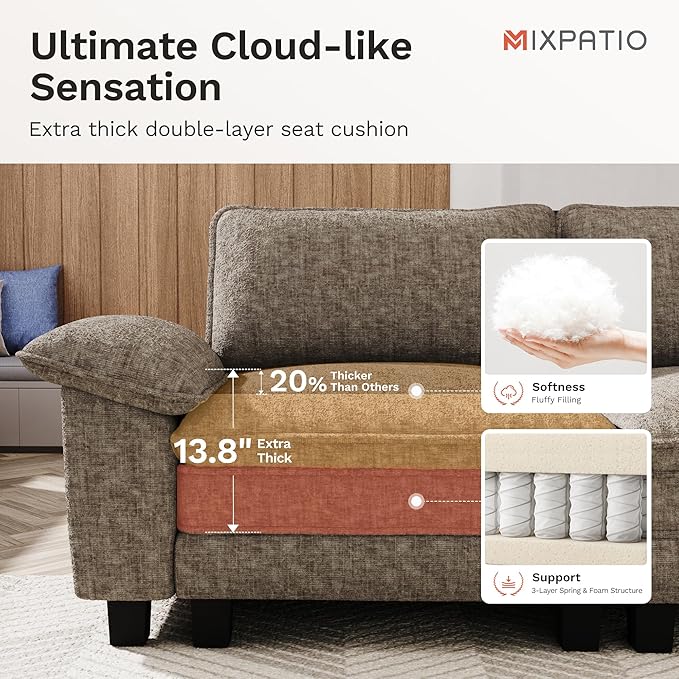 MIXPATIO U-Shaped Cloud Modular Sofa Set, Deep Seat 3-Piece 6-Seater Sectional Couch & Removable Arms, Plush Chenille for Living Room - Smoky Gray