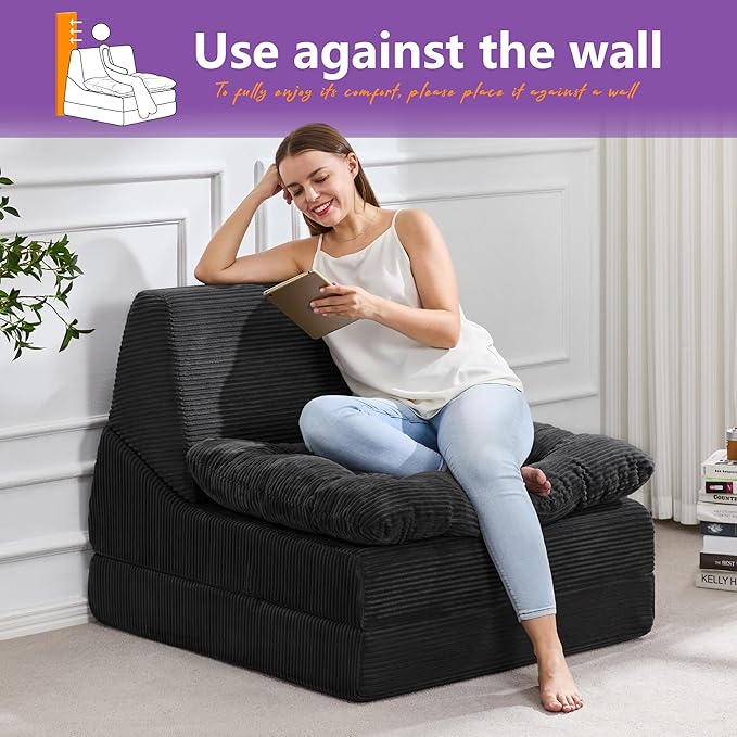 Hobestluk Sofa Couch Folding Sofa Bed Comfy Floor Lounger Convertible Sofa with Removable Cushion Couches for Small Spaces Foldable Mattress for Living Room Bedroom or Office (Cordury Black, Large)