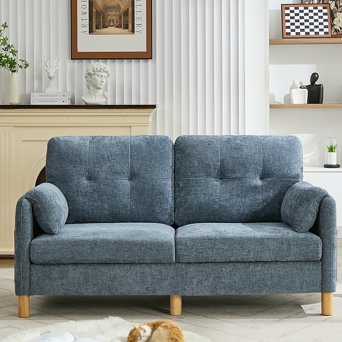 WUTUTUEE 65" Chenille Loveseat Sofa, Modern 2-Seater Love Seat Couch with Armrest Pillows, Storage Pockets, Easy Assembly, Upholstered Tufted Loveseat Sofa Couches for Living Room Bedroom, Blue