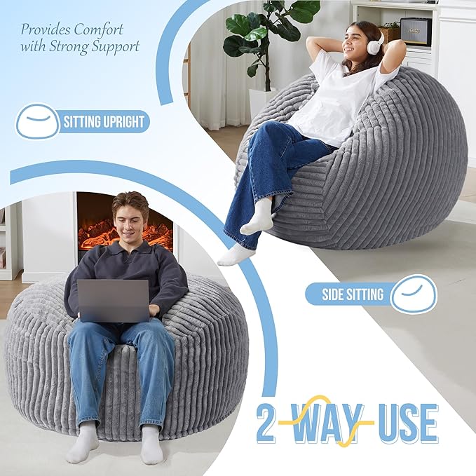 Homguava 3 FT Bean Bag Chair,3' Big Bean Bag,Large Bean Bag Chairs for Adults with Memory Foam Filled,Comfy Beanbag Chairs Soft Bean Bag Sofa with Dutch Corded Plush Cover-Dark Grey