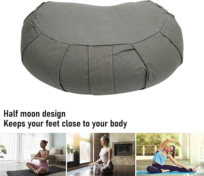 Semme Half Moon Meditation Cushion, Buckwheat Hulls Filled Yoga Pillow with Cotton Cover, for Floor Seating Mat Practice Home Office Outdoor (Gray)
