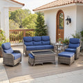 Belord Luxury 6" Thick Cushioned 7 Pieces Patio Furniture Set with Outdoor Couch, Wicker Outdoor Conversation Set with High Back Swivel Rocker Chairs for Deck Porch Yard and Poolside - Grey+Blue