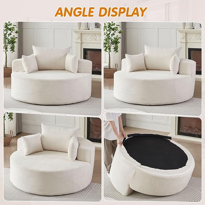 55"W Oversized Round Chair Lounge Chaise Indoor,Upholstered Comfy Circle Sofa Armchair,Modern Cozy Boneless Foam Floor Reading Chair for Living Room,Bedroom,No Assembly Required(Grid Chenille,Beige)