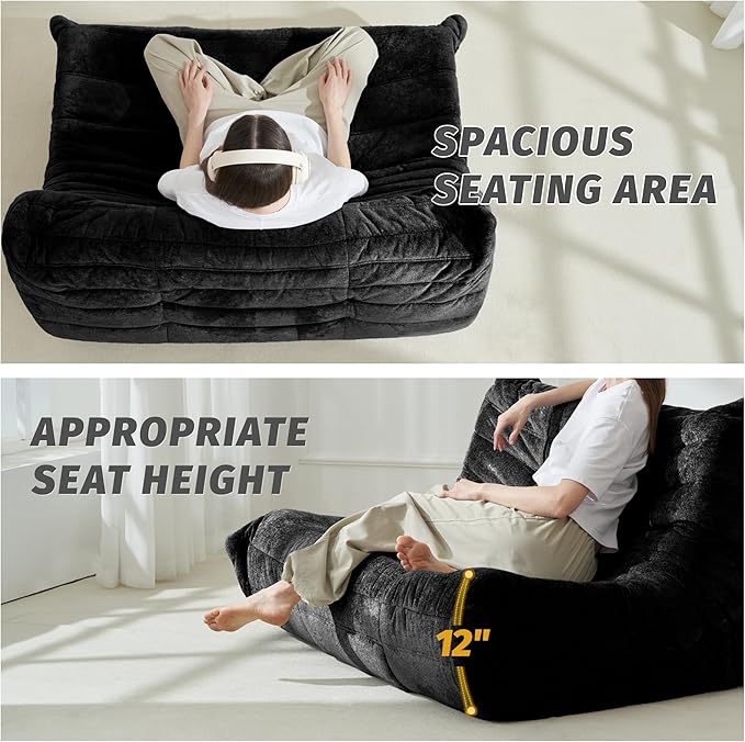 Homguava Bean Bag Chair, Giant Beanbag Chairs for Adults, Memory Foam Fireside Chair, Large Lazy Floor Sofa, Sofa Couch with High-Rebound Foam, Lounge Chair for Living Room, Bedroom (Black, Loveseat)