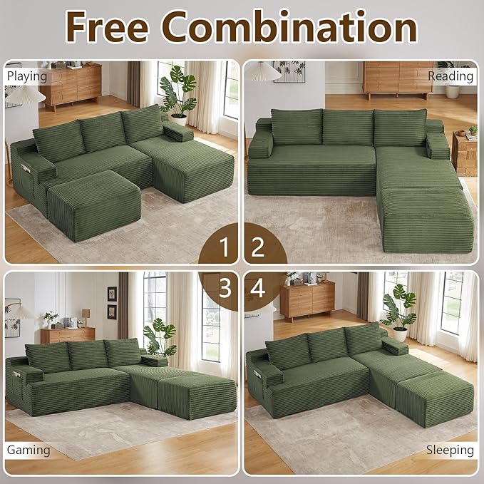 96" U-Shape Cloud Couch, Modern Modular Sectional L-Shape Sofa with Ottoman, Corduroy Upholstered Couches Deep Seat Sleeper Chaise Longue for Living Room, No Assembly Required(Green, Right Facing)