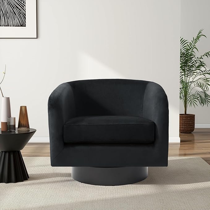 Swivel Barrel Chair, Modern Round PU Leather Accent Armchair for Living Room, Bedroom, Oversized Comfy Club Reading Chairs for Adults (Velvet Black, Set of 2)