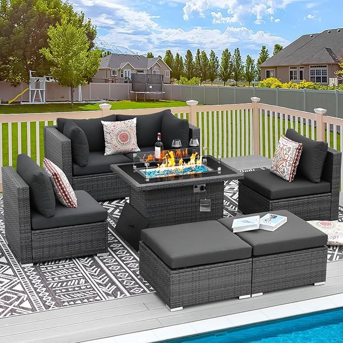 RADIATA 7Pcs Outdoor Patio Furniture Set with Fire Pit, Modern Comfortable Outside Sectional Couch High Back Oversized Wide Deep 6-Seats, Modular All-Weather Heavy Duty Wicker Sofa Set, Dark Grey