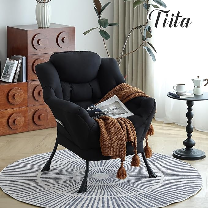 Tiita Lazy Chair, Modern Large Accent Lounge Armchair, Comfy Leisure Sofa Reading Chair for Bedroom, Living Room, Dorm Rooms, Garden and Courtyard, Black