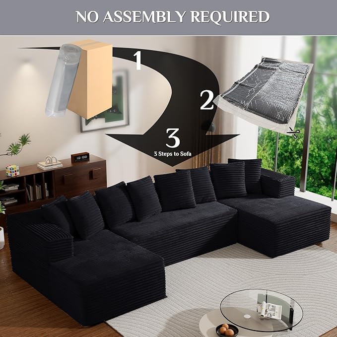 Modular Sectional Sofa, 130" U Shaped Cloud Couch Plush Corduroy Comfy Deep Seat Boneless Sofas with 8 Pillows Double Chaise Lounge Sectional Couches with Memory Foam for Living Room - Black